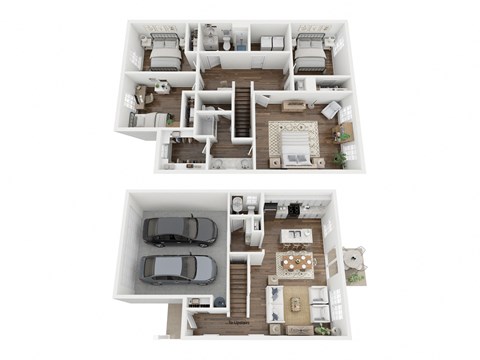 A floor plan of a two-story house with a garage and a living room on the first floor and a bedroom with a balcony on the second floor.